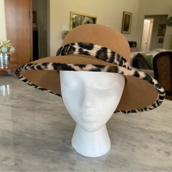 Preston & York 100% Wool Hat Camel Tan Cheetah Trim Print Women’s Hat Derby Hat - Picture 12 of 12